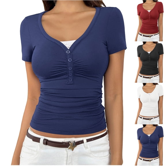 FRSASU Womens Short Sleeve Shirts V Neck Rib Knit Slim Fit Tops Casual Stretch Basic Tee Going Out Top Summer Fashion White