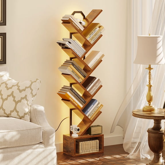 Casacomoda 8 Tier Tree Bookshelf, Bookcase with LED Lights, Display Floor Standing Storage Shelf, Book Organizer Shelves for Home Office, Living Room, Vintage