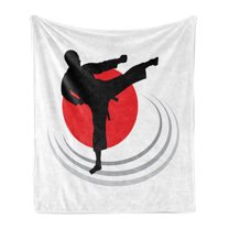 Kung Fu Soft Flannel Fleece Throw Blanket, Karate Kicking Man Silhouette on Japanese Flag Inspired Backdrop, Cozy Plush for Indoor and Outdoor Use, 70" x 90", Black Vermilion, by Ambesonne