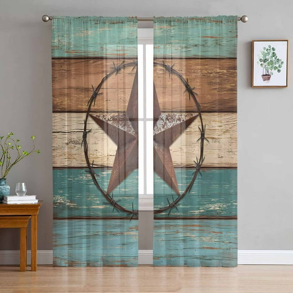 Teal Brown Blue Semi Sheer Curtains 63 Inch Length 2 Panels Set, Vintage Country Barn Star Wooden Grain Sheer Kitchen Curtain Privacy Voile Window Curtain for Living Room Bedroom Rod Pocket Drapes
