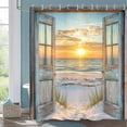 thumbnail image 2 of Amarainy Beach Coastal Ocean Barn Door Nautical Sunrise Seaside Seascape Wave Decor Bath Curtains, Rustic Wood Teal Turquoise Bathroom Accessories Fabric Waterproof with Hooks, 72X72in, 2 of 5