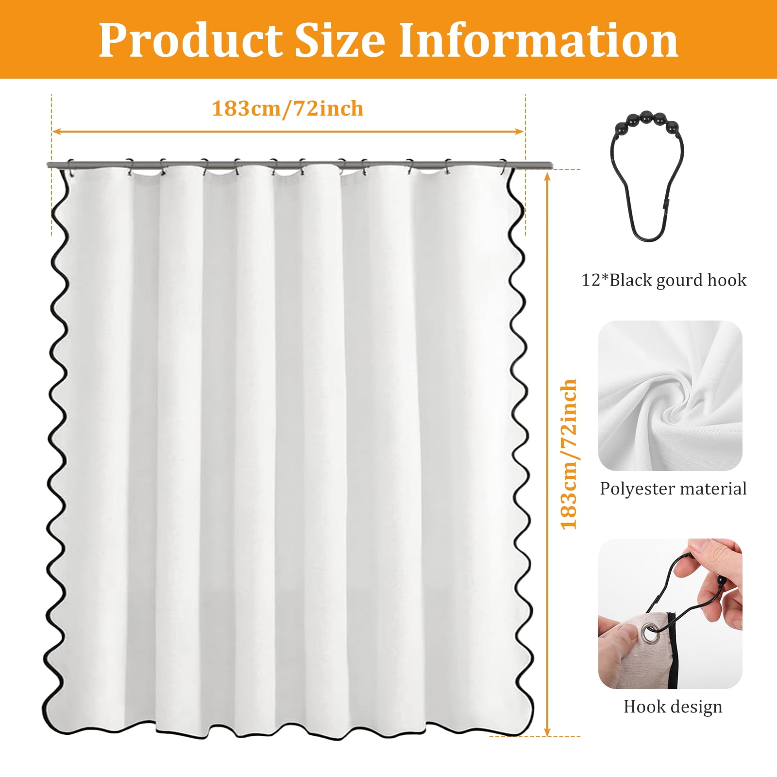 Dznils Black Scalloped Boho Shower Curtain with Hooks, Water-Repellent Thick Linen Fabric Bathroom Curtain, White, 72" x 72"