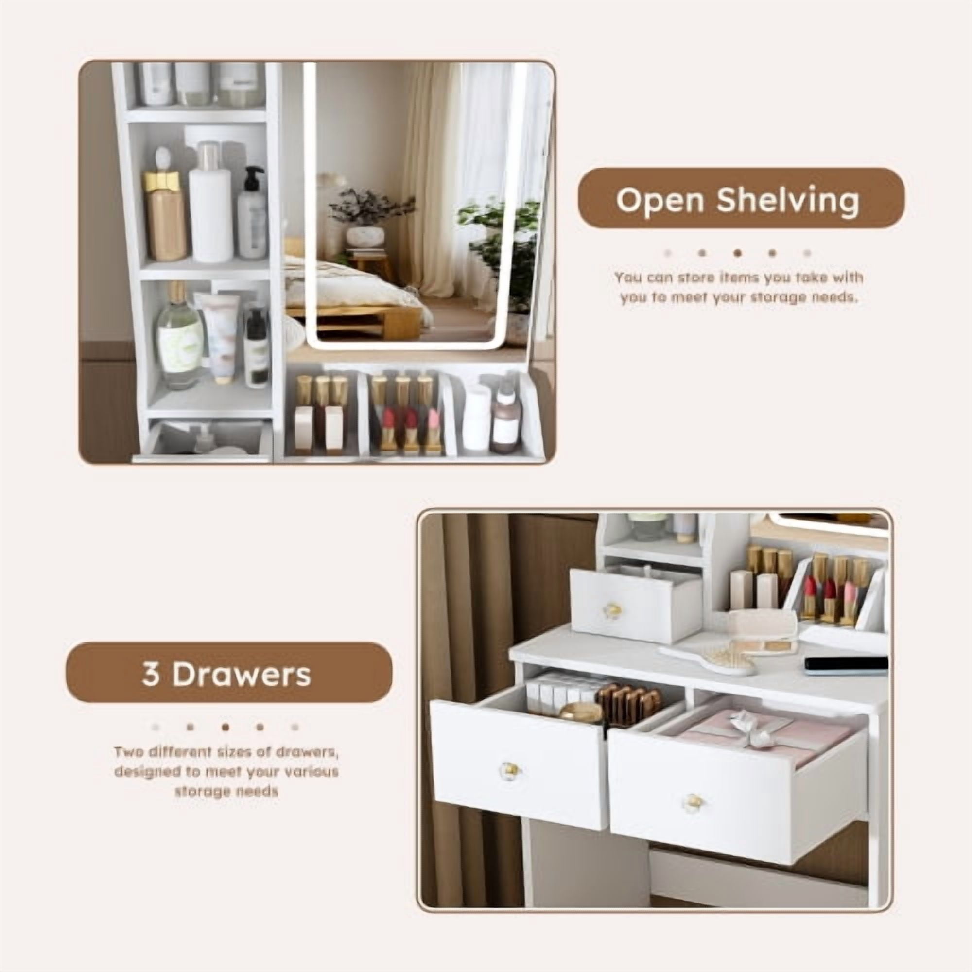 Modern small Vanity Desk ,featuring 3 modes of LED lighting with adjustable brightness, 3 drawers and multiple open storage shelves, a hair dryer holder and power socket, and a dressing chair. white