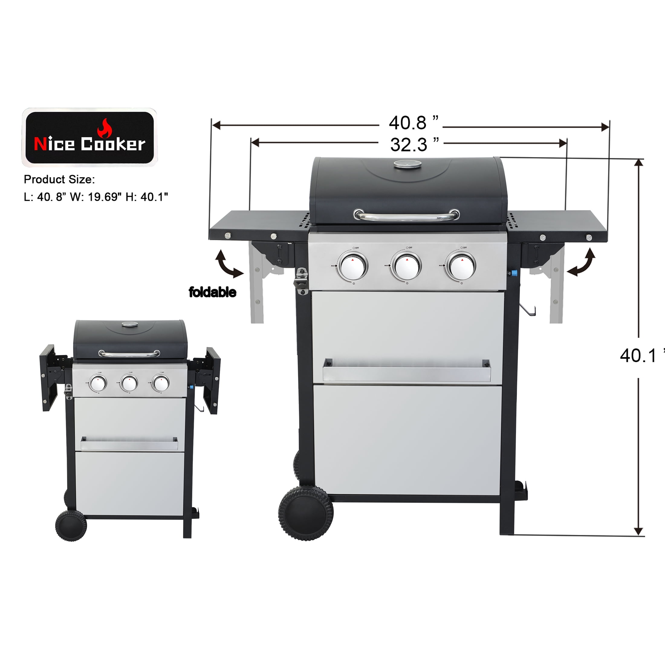 3-Burner Propane Gas Grill With Wheels for 25,650 BTU Outdoor Barbecue BBQ Grill, Stainless Steel Control Panel, Easy Ignition, Temperature Gauge, 2-Enameled Cooking Grids