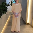thumbnail image 2 of VBARHMQRT European Outfits for Women Brown Outfits for Women Womens Solid Color Round Neck Sequined Color Block Bat Shirt Wide Leg Pants Two Piece Suit, 2 of 6