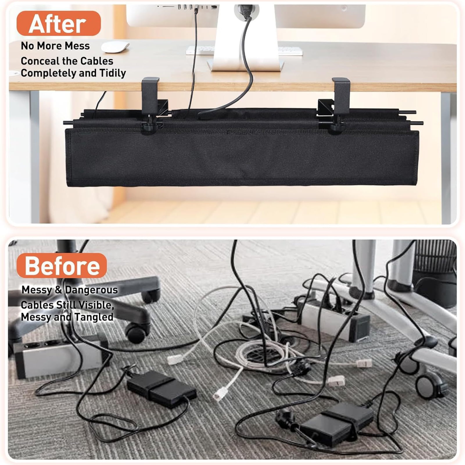 Under Desk Cable Management Box, Clamp-On Wire Organizer for Monitors PC Laptop Setup, Large Metal Cord Cover Box for Home Office
