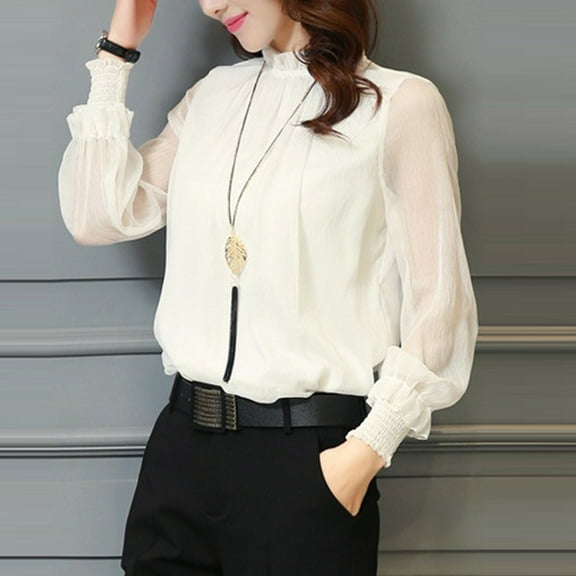 Njoeus Womens Chiffon Blouses Ruffle Mock Neck Tops Mesh Long Sleeve Work Shirts Dressy Business Casual Tops for Women S-3XL