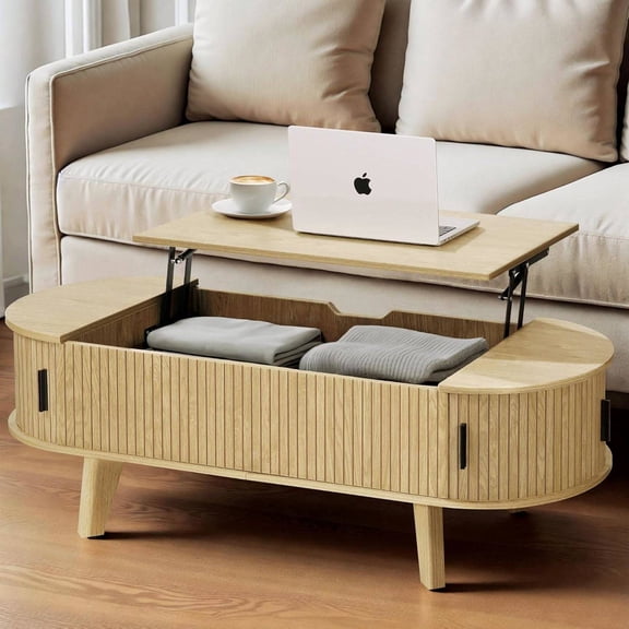 Oval Coffee Table with Storage, 47.2" Lift Coffee Table for Living Room, Modern Wood Fluted Center Table with 180° Sliding Tambour Door, Oak