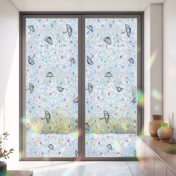 Summer Umbrella Sketch Polka Dot Window Privacy Film, Rainbow Film Decorative Window Sticker 35.4x78.7in, Funny Colorful Dotted Rain Sun Blocking Static Stained Glass Cling Tint Non-Adhesive