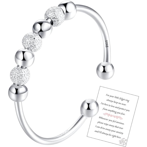GHSDFBB S925 Sterling Silver Anti Anxiety Ring for Women, Adjustable Anxiety Beads Open Ring for Girls To My Daughter Fidget Ring with Card Worry Ring Anxiety Ring for Daughter,With Jewellery Bo