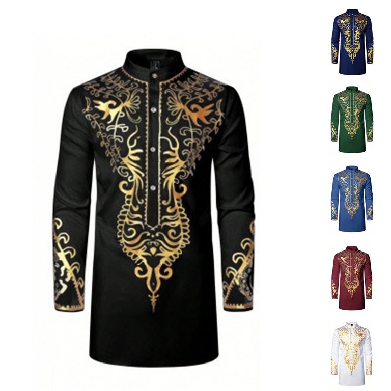 black and gold mens dress shirt Black Gold Baroque Long Sleeve Men Button Up Shirt, Vintage Retro Print Male Guys Casual Dress Casual Buttoned Collared with Chest Pocket 4XL