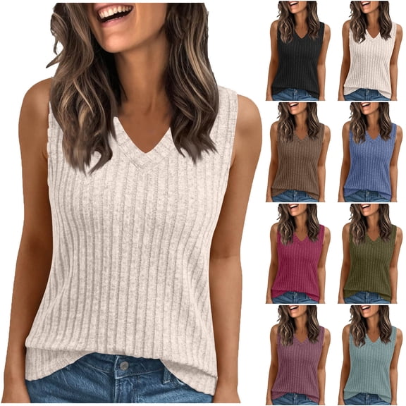 Otntypg Fashion Womens Tank Tops Summer Ribbed Knit Sleeveless Shirts Spring Basic Solid Color V Neck Loose Fit Casual Clothes Trendy Fashion Outfits Beige S