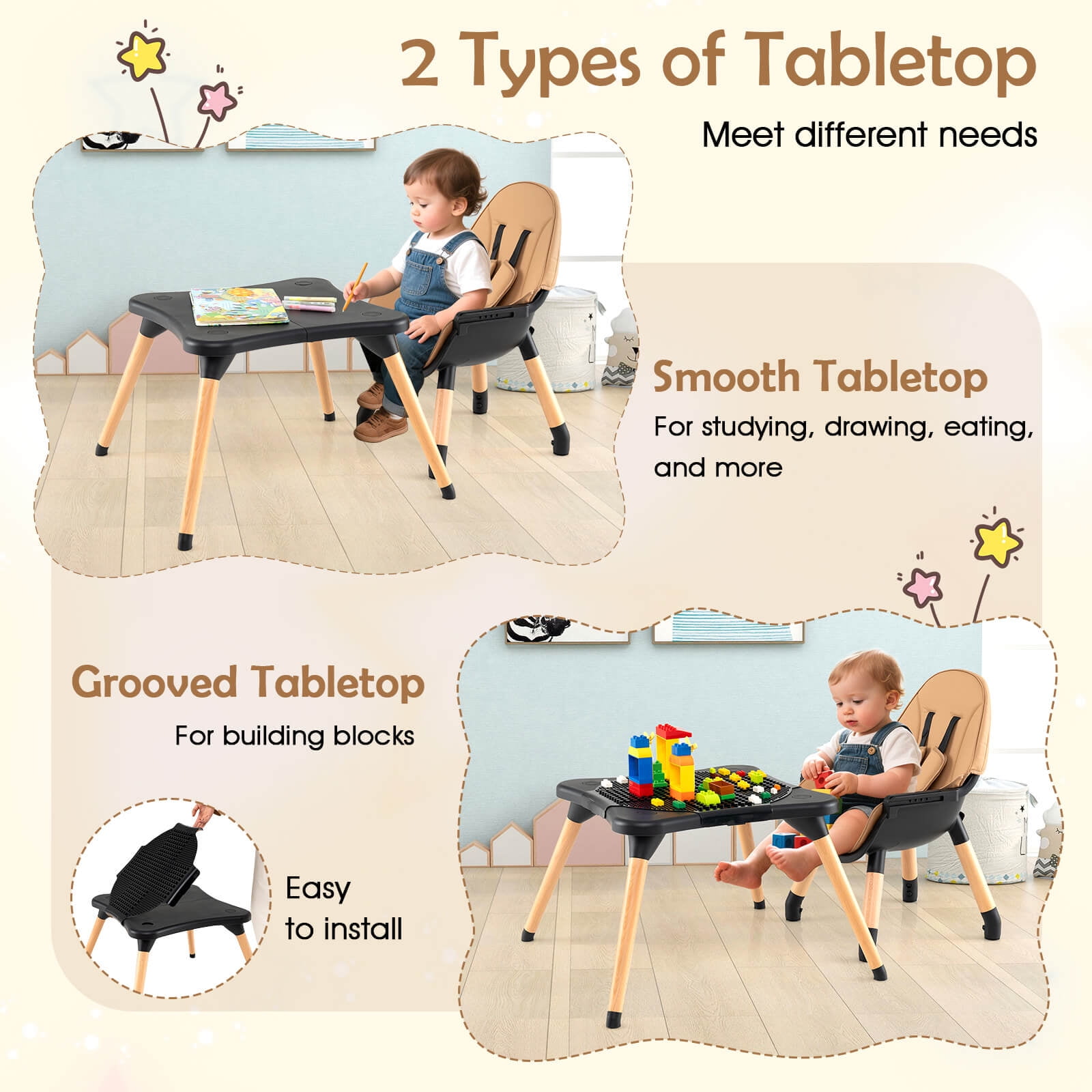 Costway 6-in-1 Convertible Table Chair Set for Babies & Toddlers with Building Block Table Coffee