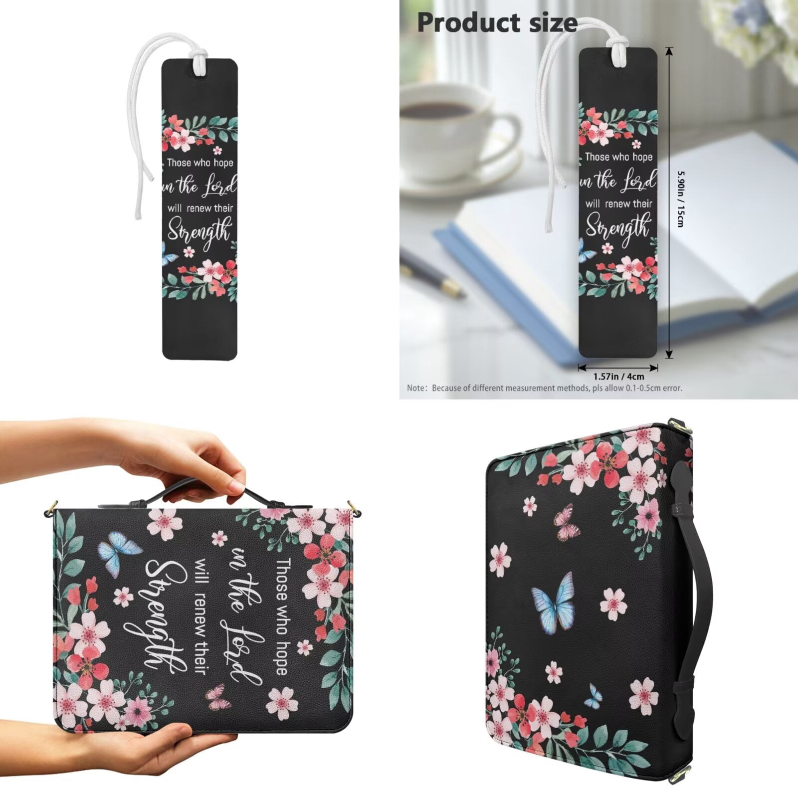 Kuiaobaty Floral Butterfly Print Bible Cover with Bookmark PU Leather Bible Carrying Case with Shoulder Strap Christian Bible Study Accessories for Women Men Church, Black