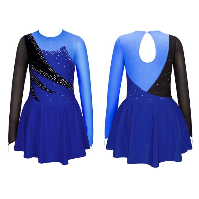 TTAO Robe de Patinage Artistique pour Filles Manches Longues Justaucorps de Danse Ballet Robe de Compétition Moderne Danse Bleu Royal 14