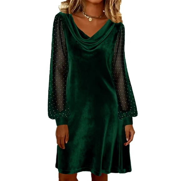 Women's Cowl Neck Elegant Velvet Dress - Rhinestone Mesh Sleeve Ladies Short Cocktail Party Mini Dresses Womens Mini Dress Green 4XL