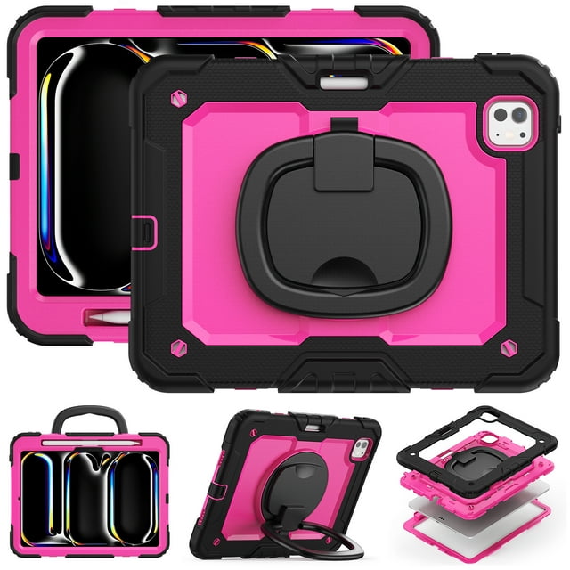for iPad Pro 11 inch Case (M4 2024/M5 2025), 360 Rotating Shockproof Cover with Stand, Handle, Shoulder Strap, Rose Panel