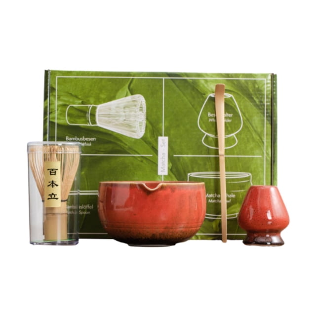 Juego de 4 piezas para de matcha, kit para preparar té matcha, batidor portátil, cuenco tradicional para matcha, para recepción, salón de té rojo