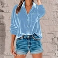 thumbnail image 2 of BiZtdJrK Women Velvet Blouse Roll Up Long Sleeve V Neck Collared Button Down Shirts Elegant Dressy Casual Work Tops with Chest Pocket Light Blue XXL, 2 of 9