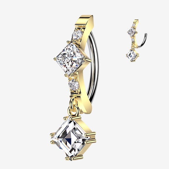 BM25 Golden Brilliant Diamante Sparkle Dangle Curved Bar Belly Clicker-Clear Gem
