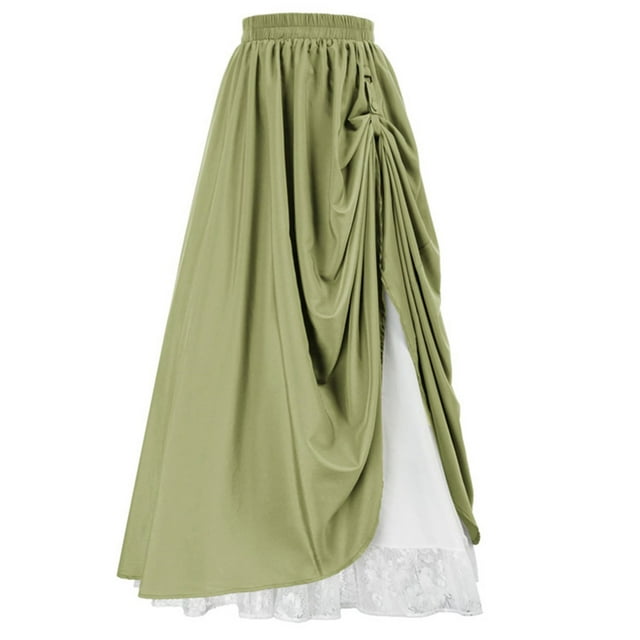 Grrvtrz Women's Vintage Gothic Skirt Renaissance Style Maxi Skirt High Waist Double-Layer Lace Ruffle Renaissance Maxi Skirts