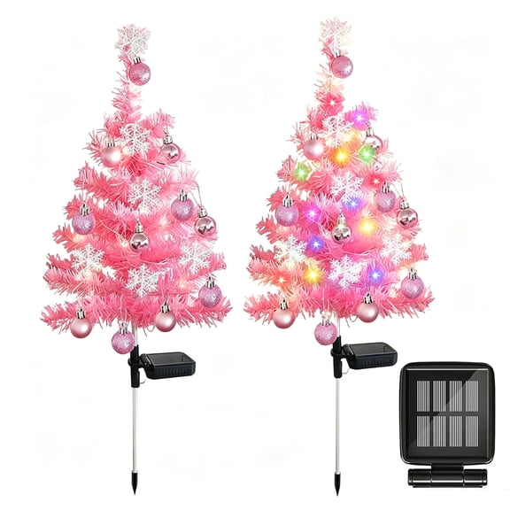 HioHa Solar Christmas Tree Stakes, 2 Pack Pink Outdoor Waterproof LED Pathway Lights with Baubles & Snowflake Ornaments
