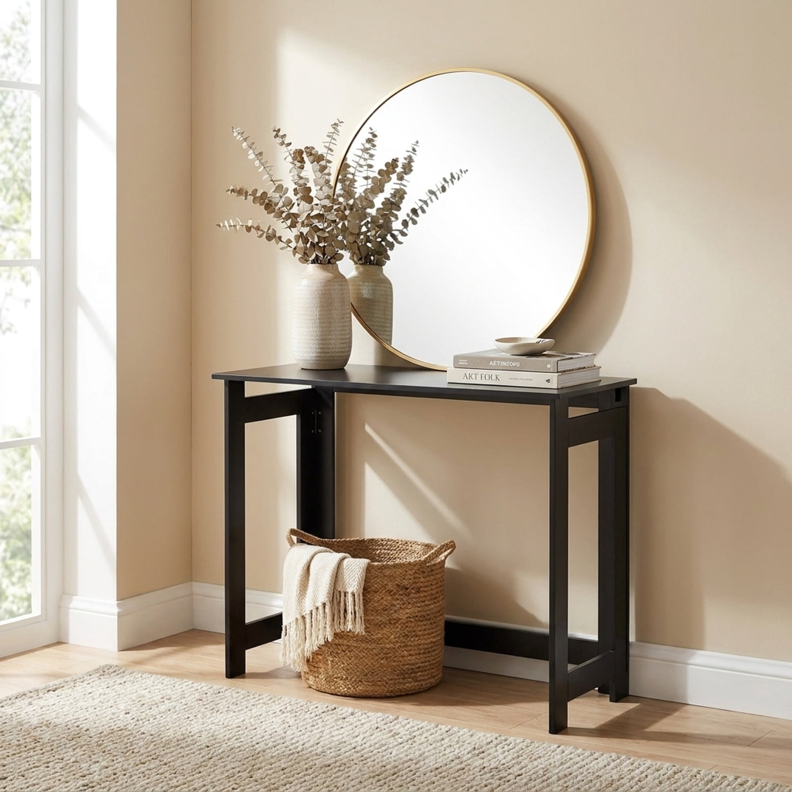 Furnibear Folding Console Table with Foldable Legs Narrow Entryway Sofa Table for Hallway Entrance and Behind Couch Space Saving, Black