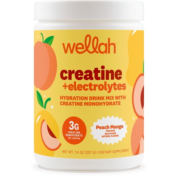 Wellah Creatine   Electrolytes Powder (Peach Mango) 30 Servings - Hydration Drink Mix with 3g of Creatine Monohydrate