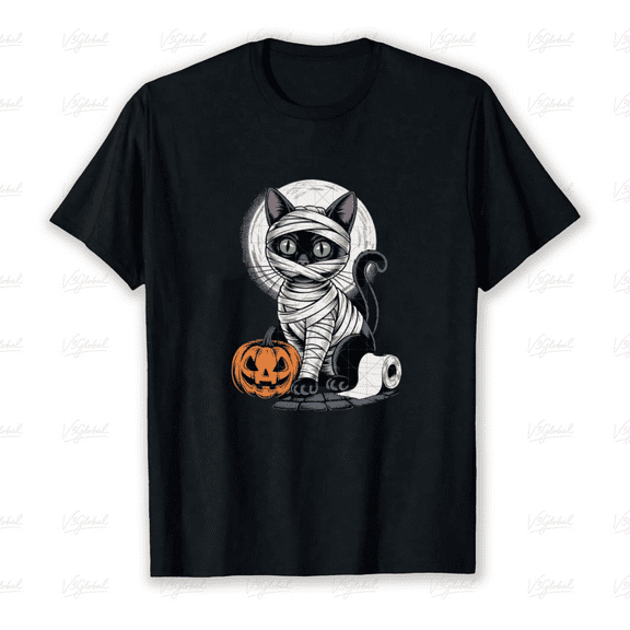 Funny Black Cat Mummy Costume Halloween Pumpkin Full Moon Gift Unisex T-Shirt, up to size 5XL
