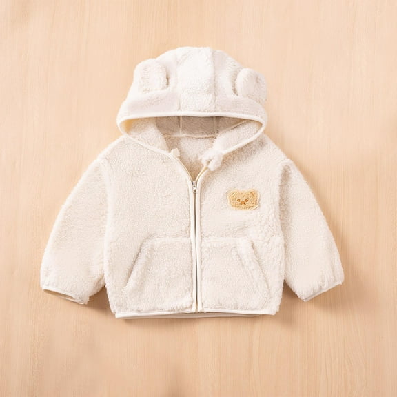 Girls' Fleece Jacket Kids Fluffy Warm Coat Young Girls Zip Up Plaid Hooded Clothes Teens Winter Outerwear Beige 2-3 Years