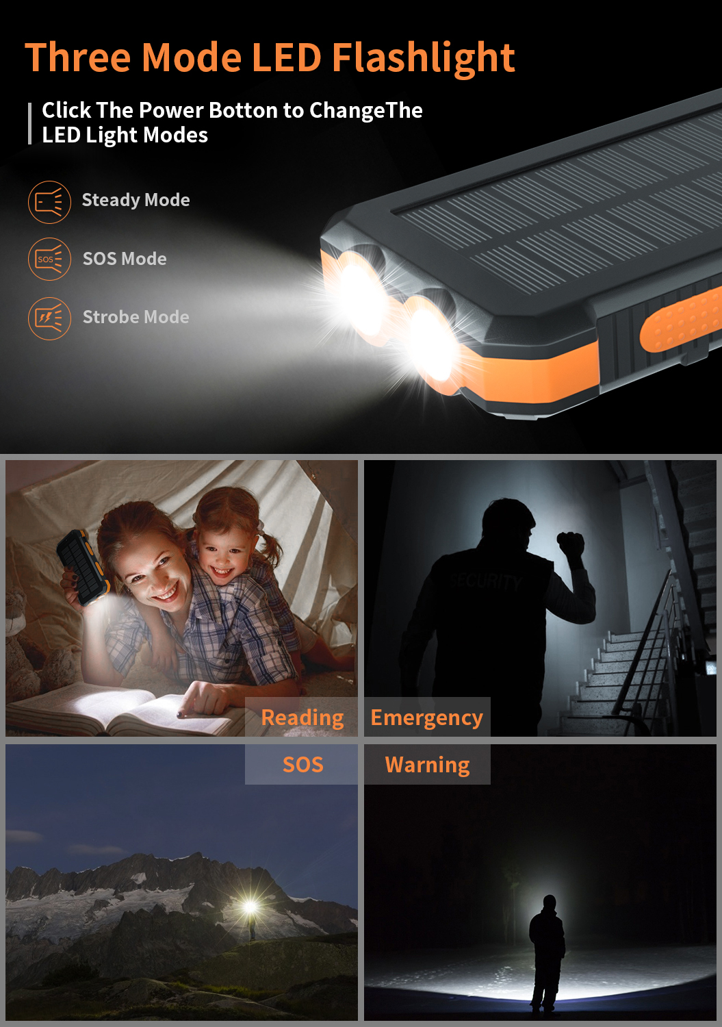 SOLPOWBEN 30000mAh Solar Charger for Cell Phone iPhone, Portable Solar Power Bank with Dual 5V USB Ports, 2 Led Light Flashlight, Compass Battery Pack for Outdoor Camping Hiking (Orange) - image 4 of 8