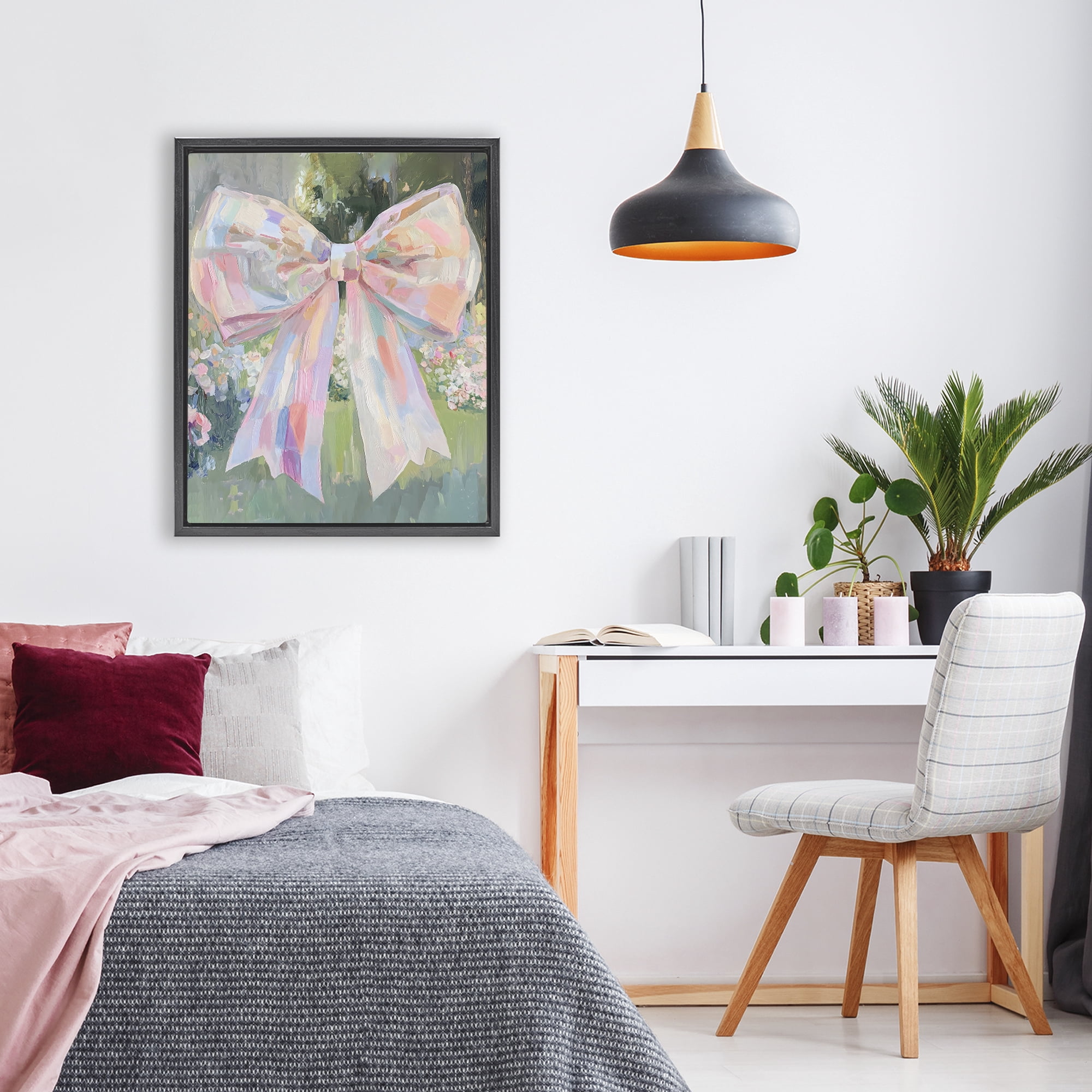 Stupell Industries Iridescent Pink Bow in Garden Black Framed Floater Canvas Wall Art, design by The Prints Vibe
