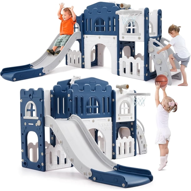 Durable 8-in-1 para niños pequeños playground activity set con slide climber y basketball hoop-indoor/outdoor play equipment para ages 1 to 3 (blanca y blue)
