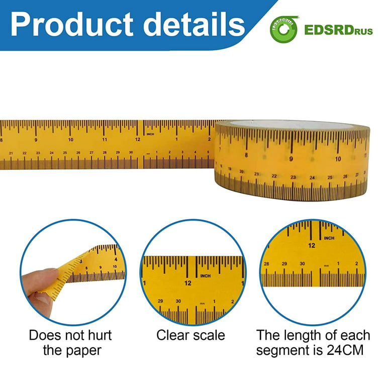EDSRDRUS 3 Pack Ruler Tape 1/2, 1, 1-1/2 inch Masking Tape Measure,  Repeating 12inch Imprint Adhesive Tape Measure, No Residue & Waterproof  Ruler Tape for Painting, Sewing & DIY (Yellow) 