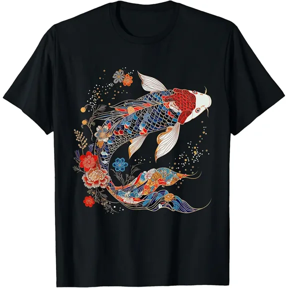 Vintage Japanese Floral Koi Fish for Unisex Graphic Short Sleeve Casual T-Shirt