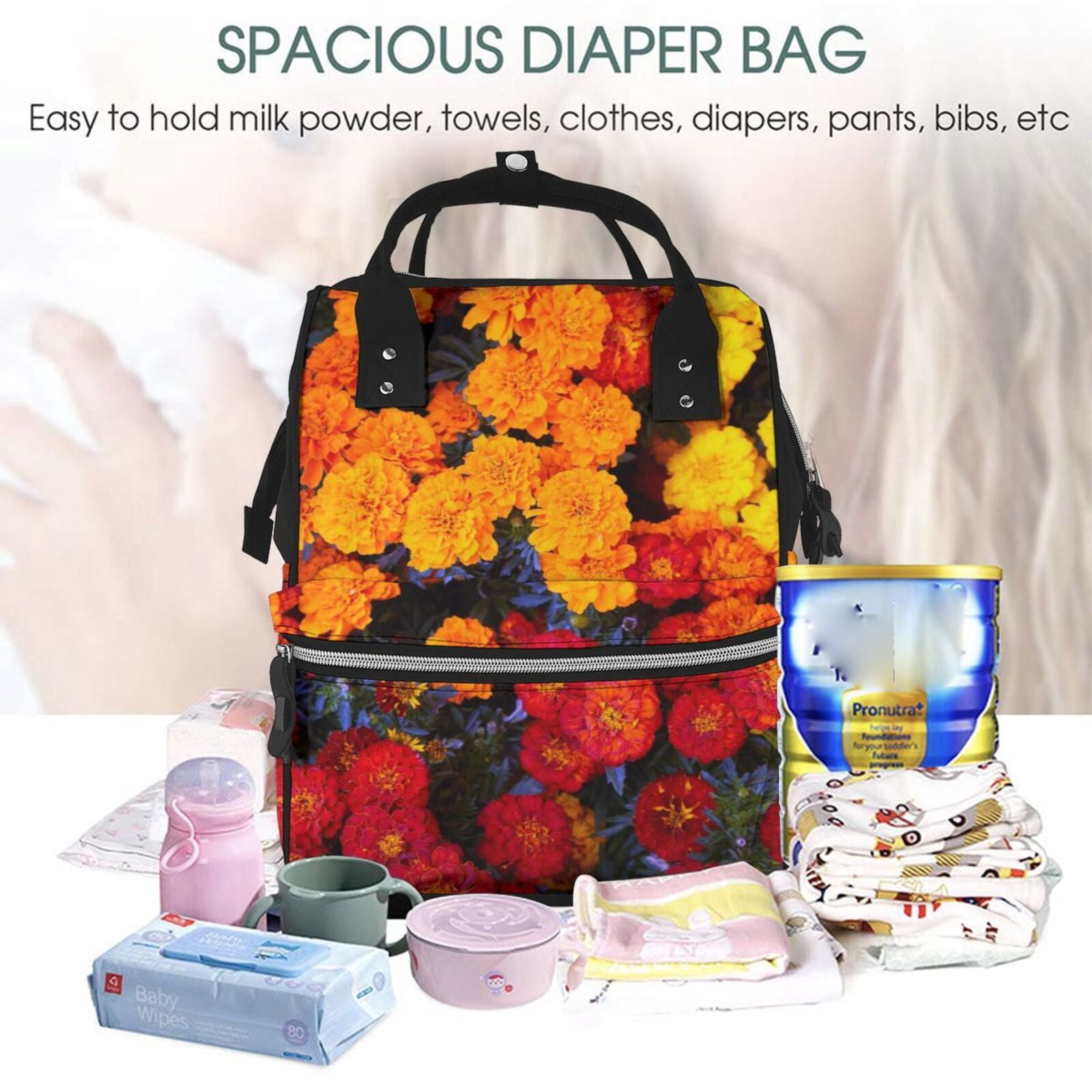 Ratiio Marigold Flowers In Different Colors Mummy Backpack - Waterproof Twill Canvas, Large Capacity Diaper Bag with Multiple Pockets and Adjustable Straps