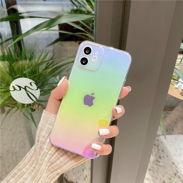 Funda de teléfono con láser degradado de arco iris para iPhone 14 13 12 11 Pro X XR XS Max 7 8 Plus Mini SE transparente Aurora funda trasera dura de PC Tan Jianjun unisex