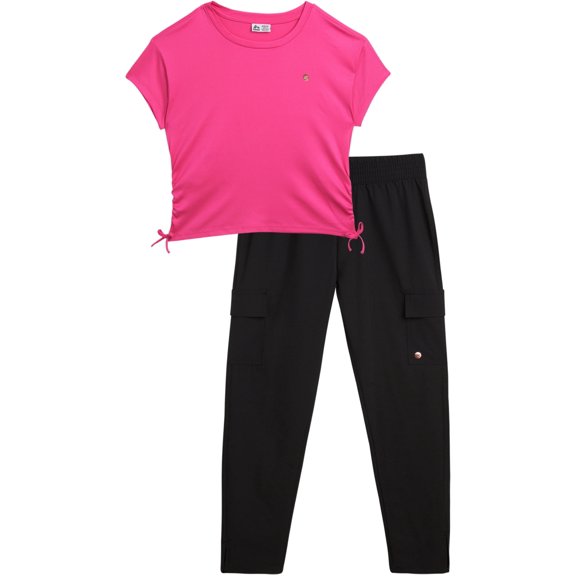 RBX Girls Pants Set Active Ribbed T-Shirt & Woven Tech Cargo Pants for Girls 2 Piece
