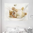 thumbnail image 1 of Animal Tapestry, Cute Cat Playing with Feather in Watercolors Hand Drawn Illustration Art, Wall Hanging for Bedroom Living Room Dorm Decor, 80W X 60L Inches, Apricot Cream White, by Ambesonne, 1 of 2