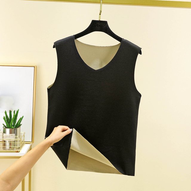 Ropa interior térmica para mujer, blusa de poliéster de color liso de terciopelo de doble cara, cálida, sin costuras, con cuello en V, talla grande