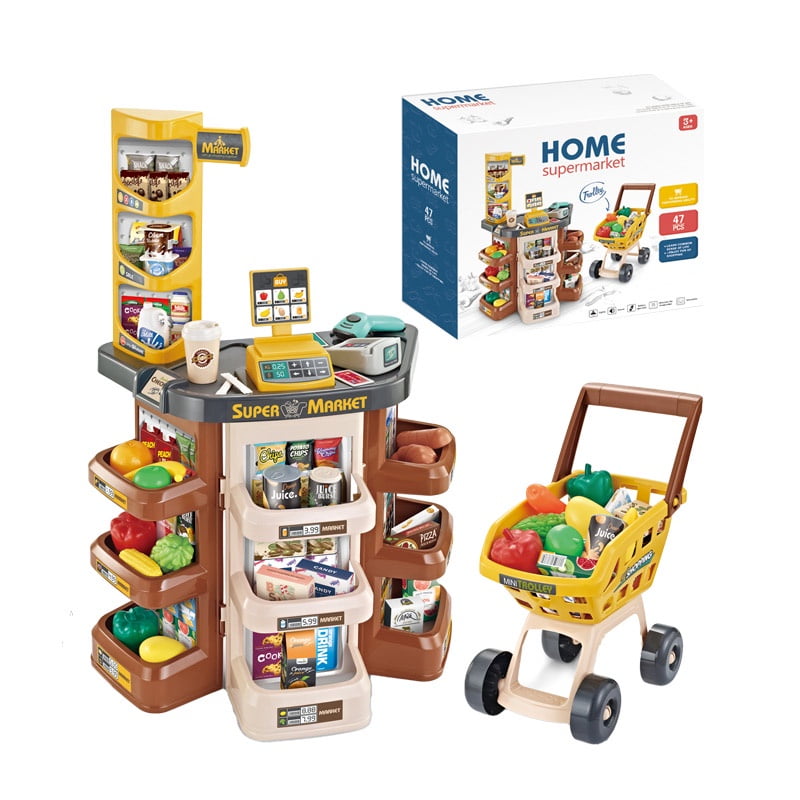 Supermarket Set 47-Piece Pretend Grocery Playset with Cash Register and Trolley