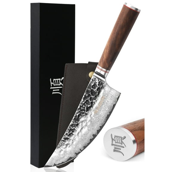YOUSUNLONG Cleaver Knife 8 Inch Butcher Knife Japanese Hammered Damascus Steel, Natural Walnut Wooden Handle