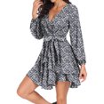 thumbnail image 7 of Aiyino Women's Dress Deep V-Neck Long Sleeve Waist Tie Ruffle Mini Swing Skater Dresses,Floral Black, 7 of 7