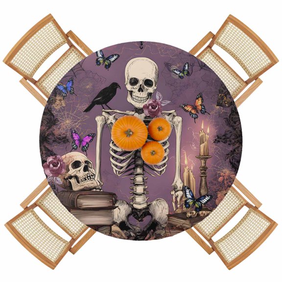 Horror Skeleton Crow Butterfly Round Fitted Tablecloth with Elastic Edge,Waterproof Table Cloth Fits 36"-44" Tables,Wipeable Table Cover for Indoor Outdoor Dinning Party,Halloween Skull on Purple