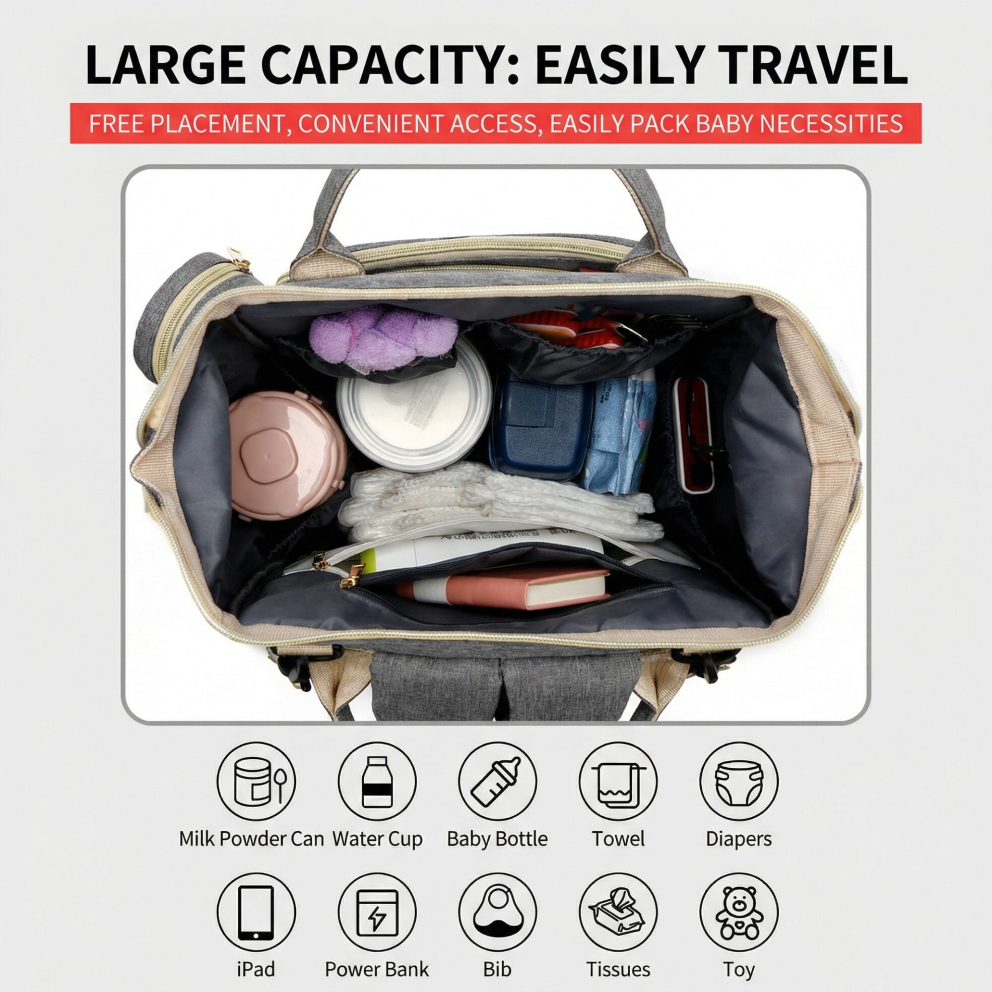 Baby diaper bag, backpack style diaper bag, baby travel bag, multi-functional waterproof baby bag with USB charging port and stroller straps,(Geay).