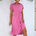 thumbnail image 4 of Women Button Down Dress with Belt Lapel Collared Short Sleeve Shirts Dressy Casual Summer Knee Length Dress (X-Large, Hot Pink), 4 of 5