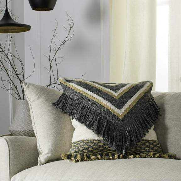 SAFAVIEH Elettra Aztec Fringe Geometric Pillow, 20" x 20", Charcoal/Gold