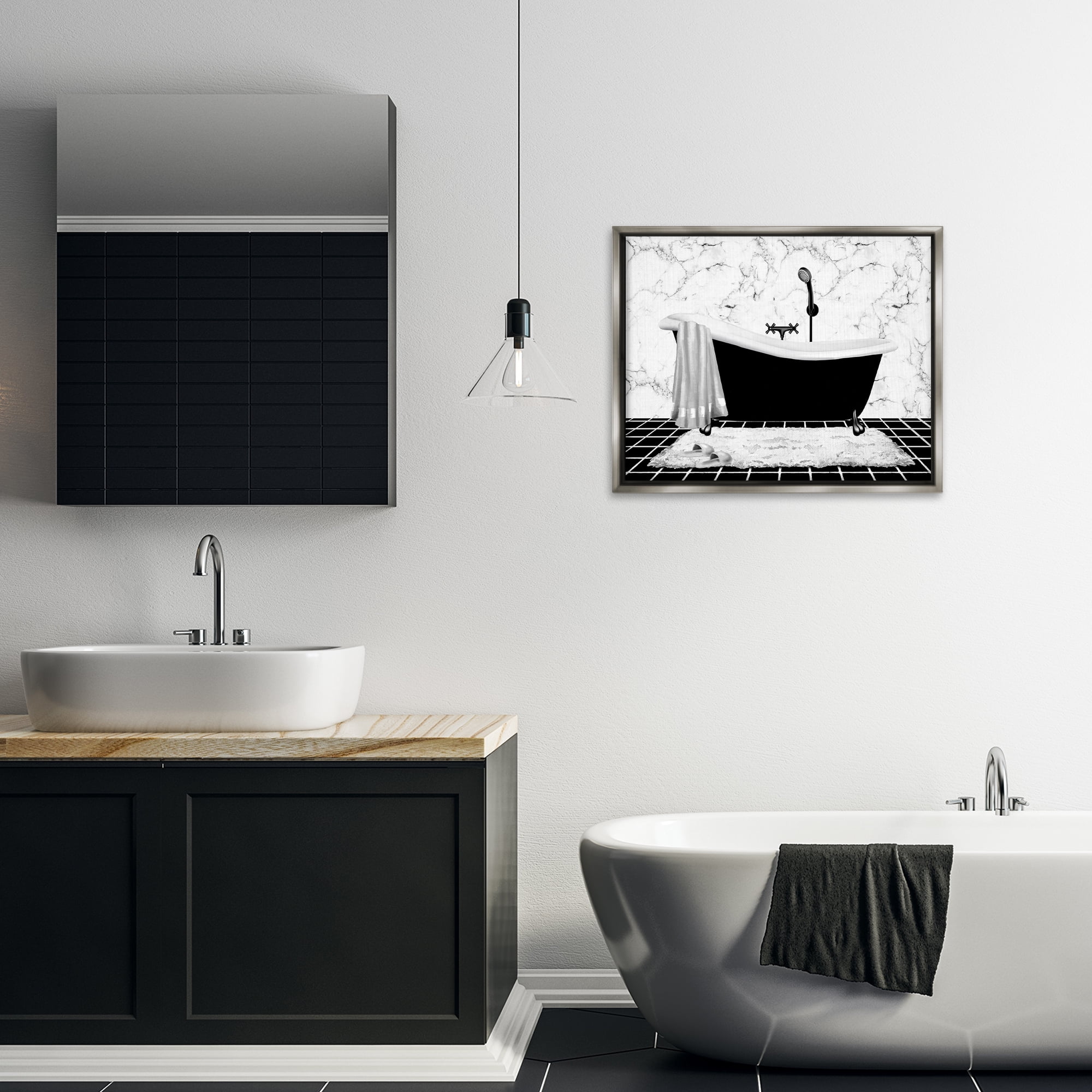 Stupell Industries Marble Pattern Tub Typography Painting Gray Floater Framed Canvas Art Print Wall Art, 31 x 25