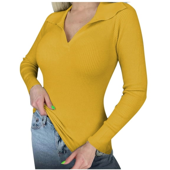 cfhntfmh Womens Sweaters Pullover Long Sleeve Lapel V Neck Shirts Ribbed Knit Sweater Slim Fitted Casual Basic Layer Shirts