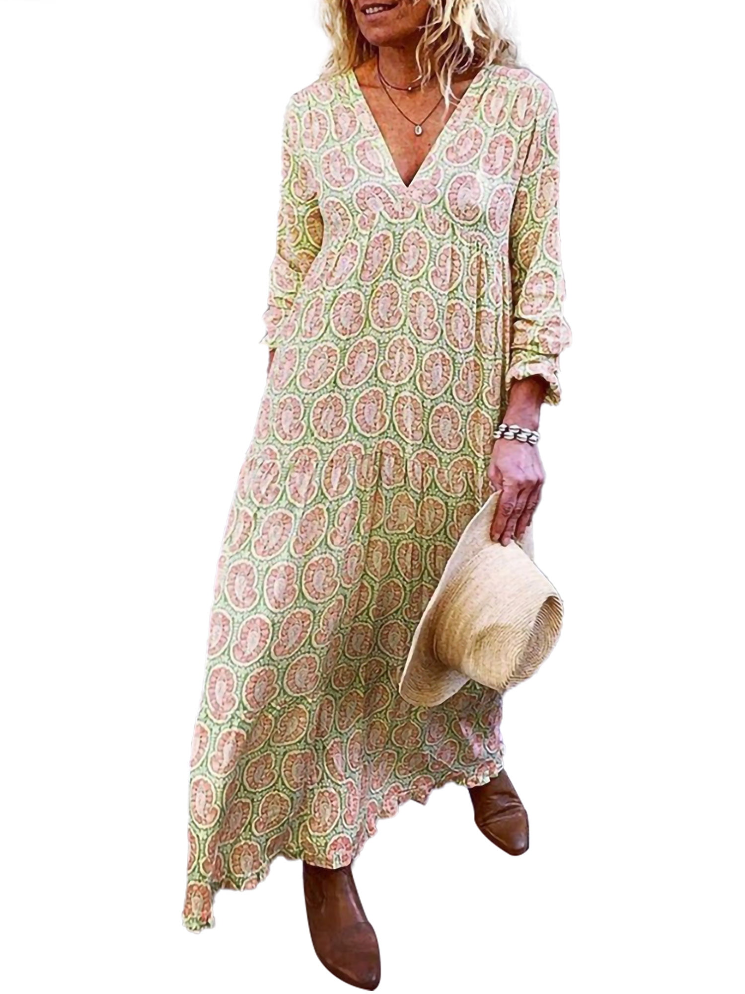 Women Dress Boho Maxi Irregular Cotton Linen Long Sleeve Holiday Casual Kaftan